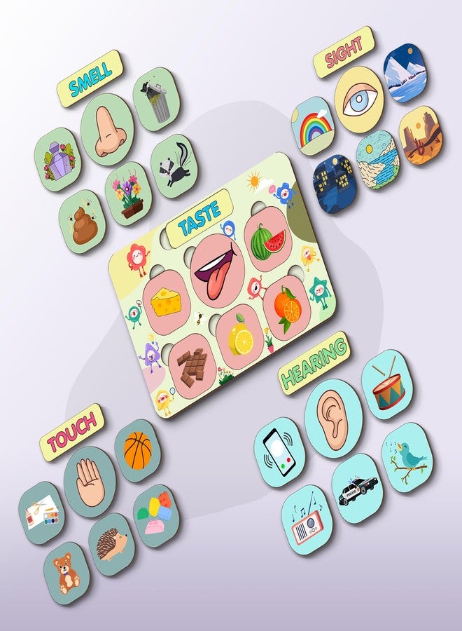 HighRoof Puzzle for Toddlers Montessori Wooden Educational Board with Sight, Taste, Touch, Hearing & Smell - Colorful Matching Game for Kids Age 2 3 4 5 6 7+ Years (5 Sence Puzzle) - Image 2